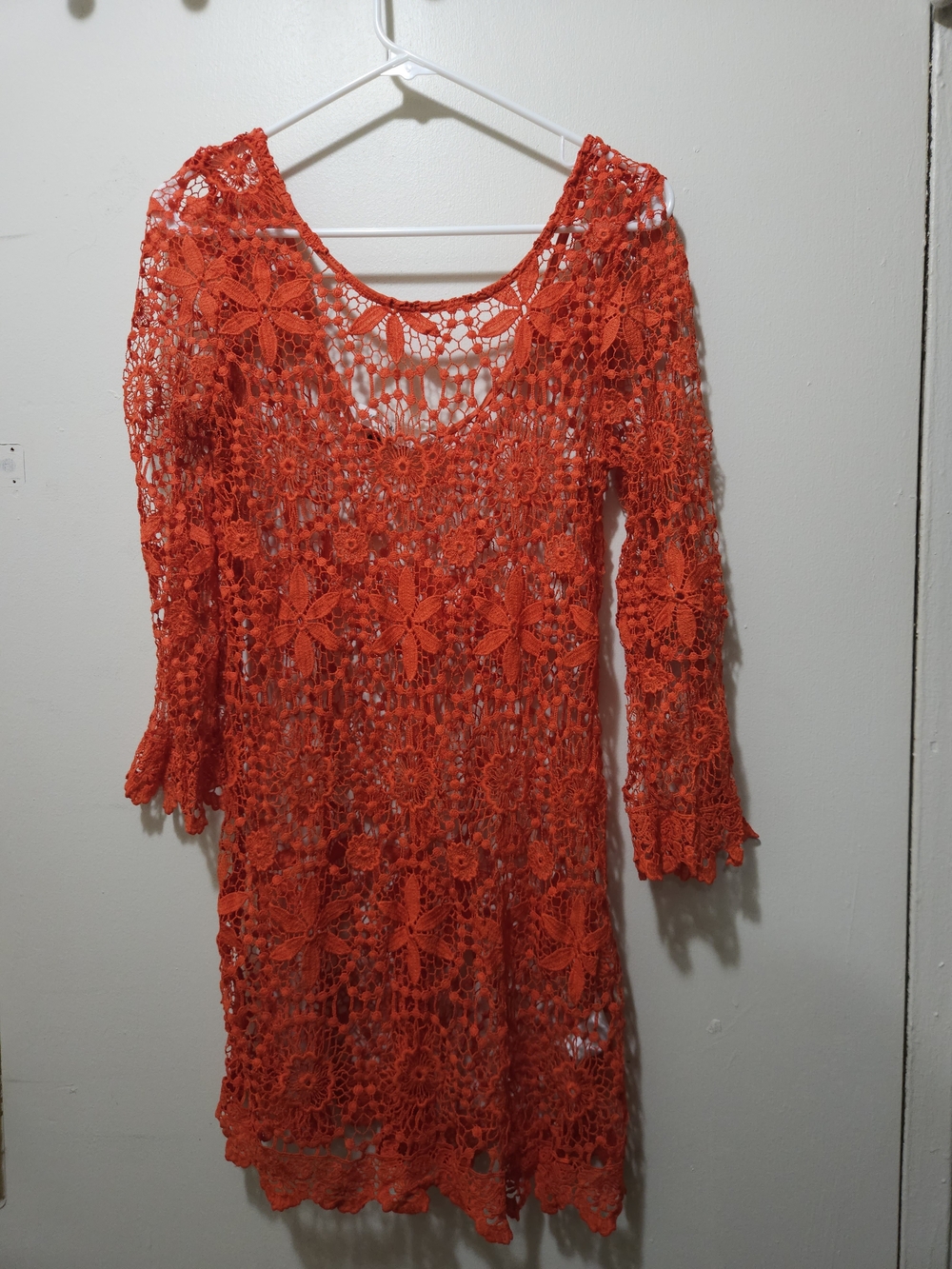 H&M Bright Orange Crochet Floral Swim Coverup